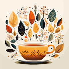 Canvas Print - Cup of tea with saucer on saucer surrounded by leaves.