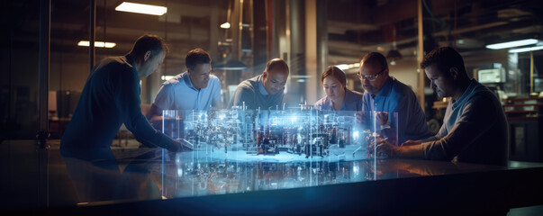 engineers meeting technology research in laoratory, deep blue colors