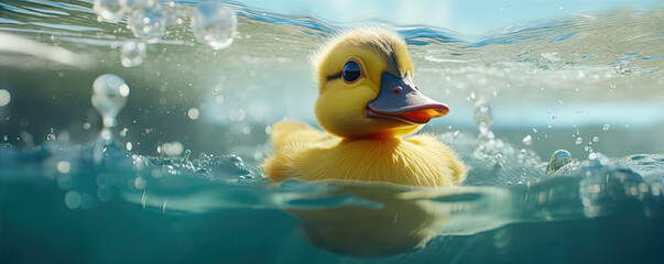 Photo of rubber duck swimming in clear blue water.