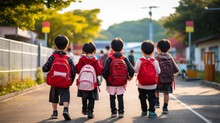 Chinese First Graders Go To School, Asian Childs Back View Generative Ai