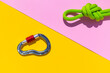carabiner with rope. Equipment for climbing and mountaineering. Safety rope. Node eight. Minimal concept