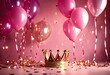 Leinwandbild Motiv 3d Festive birthday anniversary with box gift white pink and gold helium balloons background