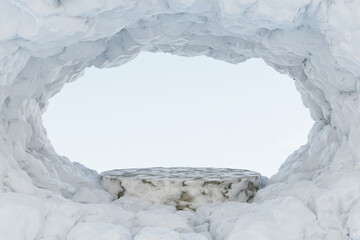 Wall Mural - Abstact 3d render winter scene and Natural podium background, Stone podium on the snow mountain cave for product display, advertising, mockup or etc