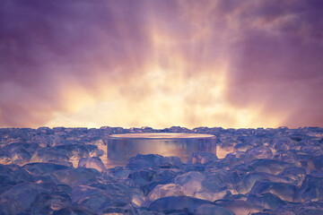 Wall Mural - Abstact 3d render winter scene and silhouette Natural background, Ice podium on the frozen lake with ice rock in sunset for product display, advertising, mockup or etc