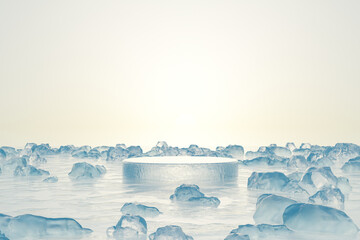 Wall Mural - Abstact 3d render winter scene and Natural background, Ice podium on the frozen lake with ice rock and clear sky for product display, advertising, mockup or etc