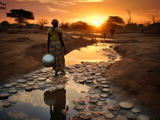 African woman washes clothes in very dirty water in Africa. The concept of the problem of drinking and clean water in Africa.