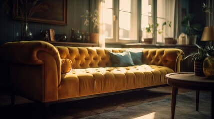 yellow colour fabric classic sofa finishing near window sunset light dramatic atmosphere living room home interior design background concept,ai generate