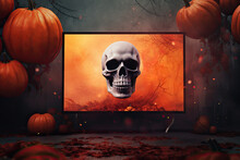 TV With A Skull On The Screen And Pumpkins On A Dark Background. Mockup For Halloween Autumn Sales Promotion Banner.