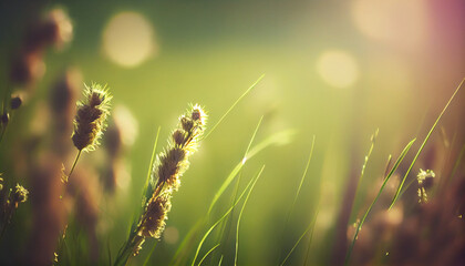 blooming grasses in the wind on blurred fresh green background with sunny bokeh lights, concept for pollen allergy season with space for text or products, Ai generated image