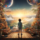 Fototapeta Kosmos - why books are important | International Literacy Day | Kid looking at a universe concept