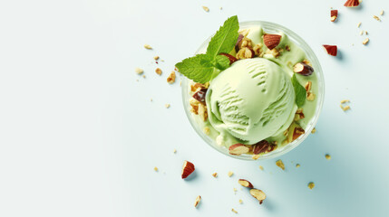 Advertising shot, green nut ice cream ball with pistachios in a cup, top view, isolated on light green background