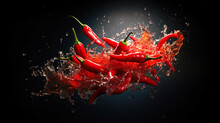 Fresh Hot Chili Pepper In Water Splash. Few Raw Red Peppers.