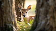 A Little Deer Hiding Behind A Tree