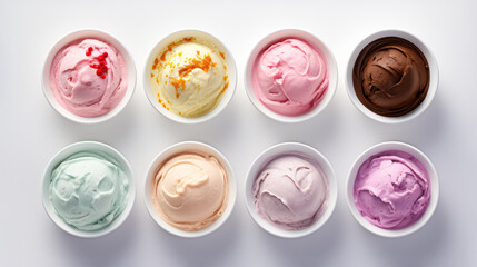 Advertising shot, several bowls of multicolored ice cream, top view, isolated on light gray background