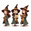 Wizard kid with sorcerer's outfit, vector pose, young girl, cartoon style.