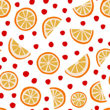 Orange Fruit And Dots Seamless Pattern. Christmas Season Simple Vector Background In Red And Orange Colors. Dried Orange Slices Repeat Pattern.