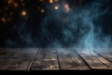 Wooden Table With Smoke On A Dark Background.  Halloween Party Concept