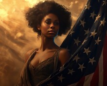 A Image Of Painting Of   Beautiful Confident African American Woman Looking To The Future Embracing The American Flag