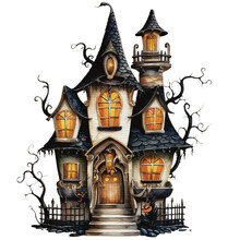 Halloween Haunted House Spooky Night Watercolor Style Isolated On White Background, Halloween Dark House Pumpkins Watercolor Png Illustration
