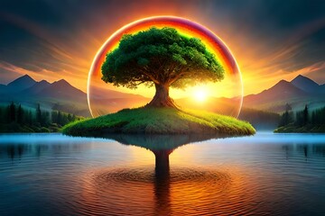 Wall Mural - rainbow over the sea and show a beautiful sunset behind the tree AI Generative 