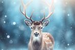 © elenbessonova - Cute reindeer christmas. Deer in the snow, winter greetings. Portrait of deer with stags. Beautiful red deer stag in snowy winter forest. Vintage style. Reindeer with red nose in snow. Generative AI.