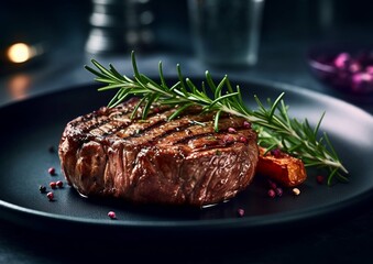 Sticker - Beef sirloin steak fillet on black plate with rosemary and pepper.AI Generative