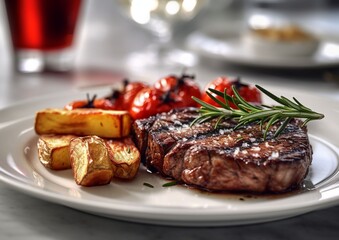 Wall Mural - White plate with grilled beef steak with fried potato and cherry tomatoes in restaurant.AI Generative.