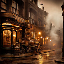 Classic Steampunk Professional Background. Steampunk Streets With Lanterns. High Quality Illustration