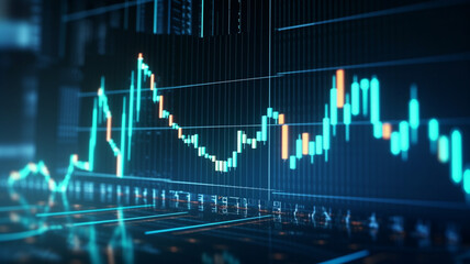 Digital display, options chart, stock market glowing on a dark background. Growth graph.