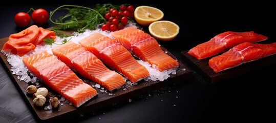 Wall Mural - Pieces of red salmon or sockeye salmon or coho salmon. Salted fish with spices and lemon on a cutting board.