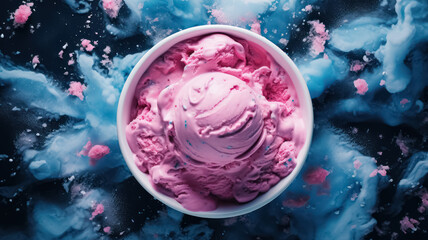 Advertising shot, pink fruit ice cream in a cup with sugar powder, top view on dark background