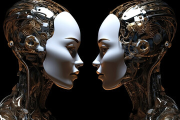 Wall Mural - ai and humanity: humanoid artificial twins looking at each other in silver, bronze, and gold in fron