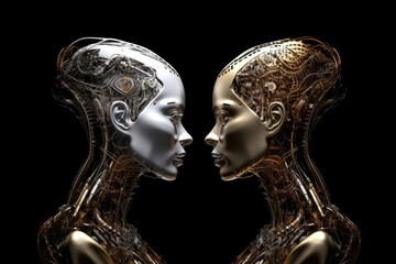 Wall Mural - ai and humanity: humanoid artificial twins looking at each other in silver, bronze, and gold in fron