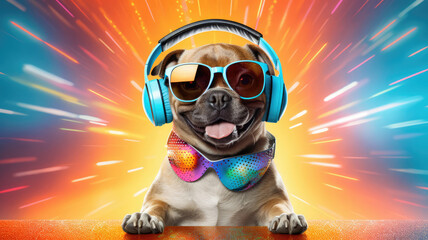 Advertising portrait, banner, cute dog in disco atmosphere with headphones, glasses and open mouth, isolated on colorful background