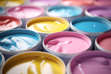open paint cans with pastel paint. ai generated