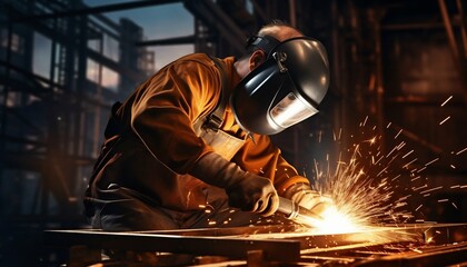 Welder at Work with Sparks, Construction Background. Generative ai