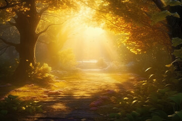 Wall Mural - bright sun beams falling through tree branches in autumn park creating soft, mystical golden haze