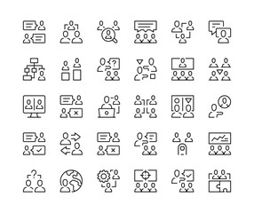Poster - Teamwork. Vector line icons set. Business team, office, team management, working people concepts. Black outline stroke symbols