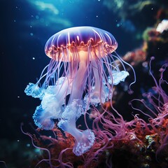 Wall Mural - Underwater photography of a blue jellyfish, glowing deep in the ocean