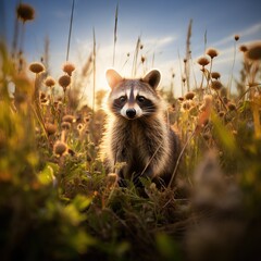 Wall Mural - Wildlife photography of a raccoon in the prairie