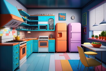 Canvas Print - Interior of a modern kitchen with blue and orange furniture