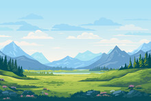 Beautiful Landscape Vector Illustration. Beautiful Landscape Of Mountains, Mountain Lake, Forests And Meadows With Flowers. Beautiful Landscape For Printing.