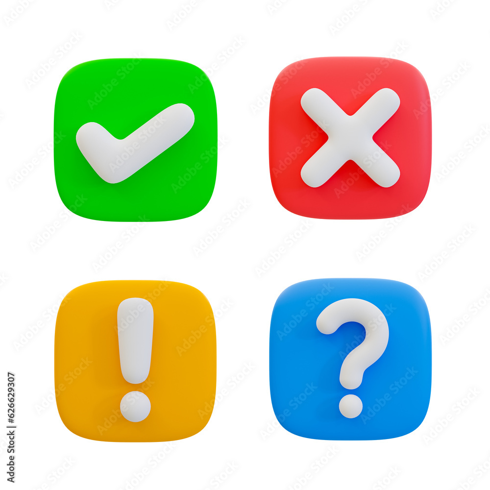 3d minimal set of green checkmark, cross mark, exclamation mark, and ...
