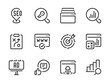 Search Engine Optimization vector line icons. SEO and Business research outline icon set. Target Audience, Strategy, Marketing, Outdoor Advertising, Keyword, SMM and more.