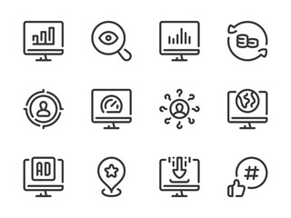 Poster - Search Engine Optimization vector line icons. SEO and Business research outline icon set. Research, Target Audience, Marketing, Statistics, Performance, Online Advertising and more.