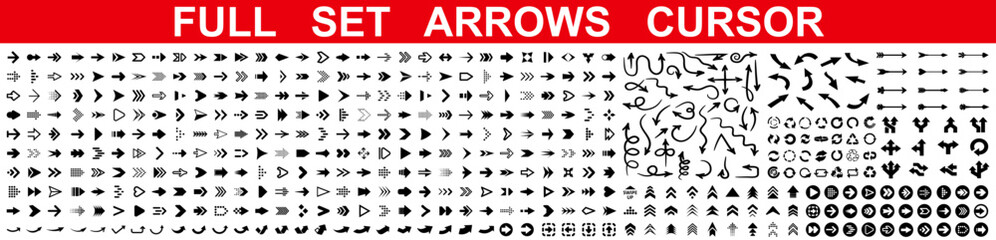 Poster - Set arrow icons, universal big collection different arrows sign, set different cursor arrow direction symbols in flat style, black arrows icons – stock vector
