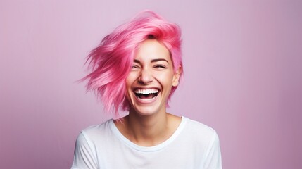 young laughing woman with pastel pink hair, tongue sticking out, blue eyes, peace gestures funny facial expressions