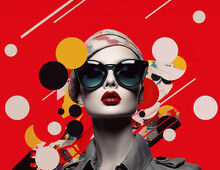 Pop Collage Illustration Of A Beautiful Female Fashion Model With Sunglasses Over Scolorful And Vibrant Patterns And Shapes, Fashion, Pop Art, Generative AI	
