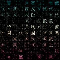 Poster - Abstract background. Random characters of the Chinese traditional alphabet. Gradiented matrix pattern. Teal rose color theme backgrounds. Tileable horizontally. Radiant vector illustration.