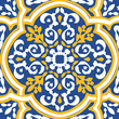 Azulejos - Portuguese tiles blue watercolor pattern. Traditional tribal ornament. Capri Maiolica. Delft Blue and White